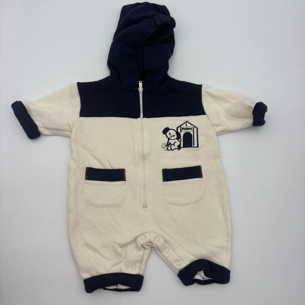 VTG Miniwear Baby Hooded Romper Cream Navy Puppy Embroidery 0-3M Fleece Lined